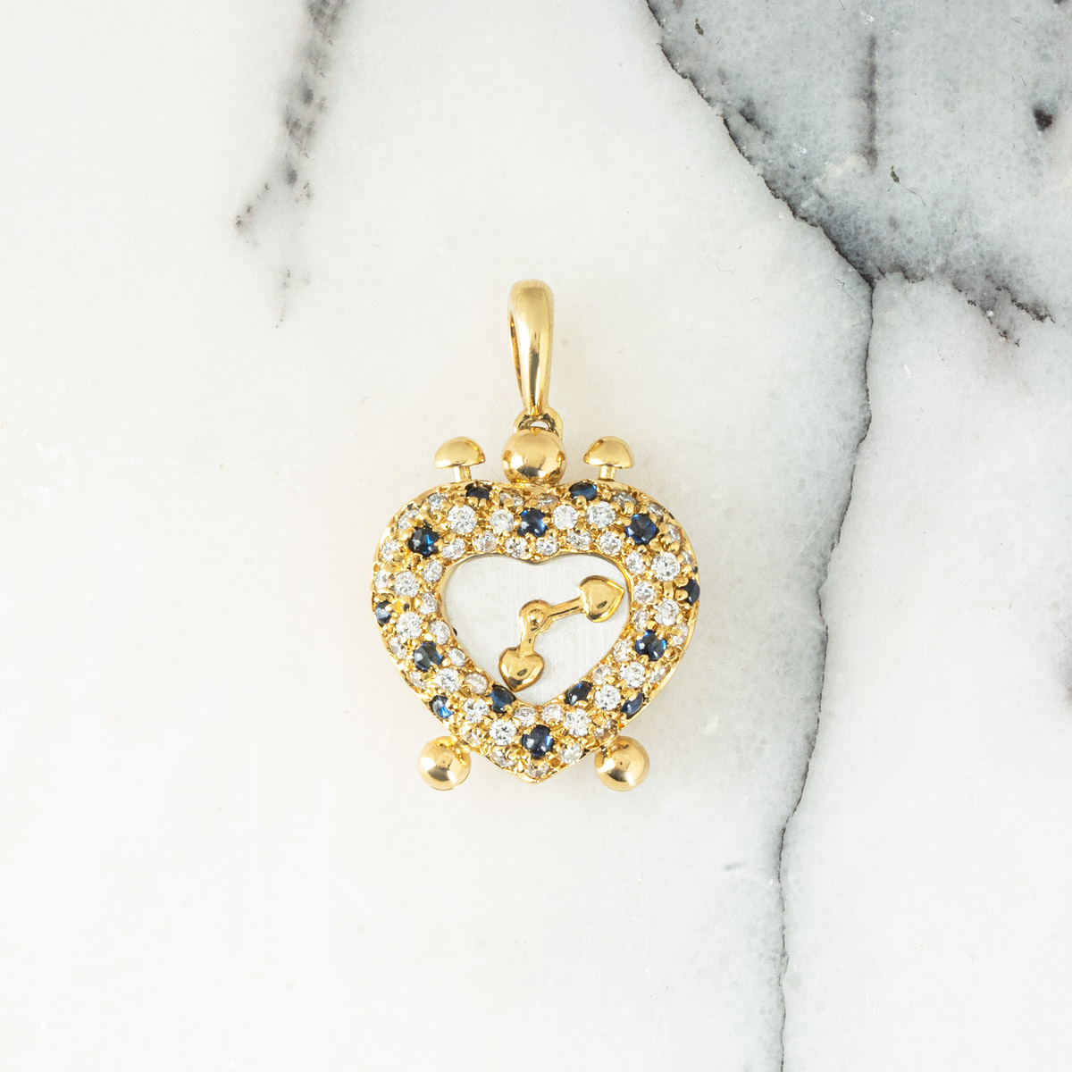 Yellow Gold Sapphire & Diamond Heart Clock Pendant